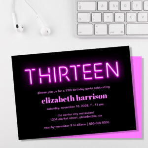 13th Birthday Party Pink Neon Lights Invitation