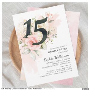 15th Birthday Quinceanera Rustic Floral Watercolor Invitation