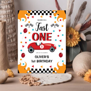 1st Birthday Boy's Fast One Racing Car Invitation Postcard