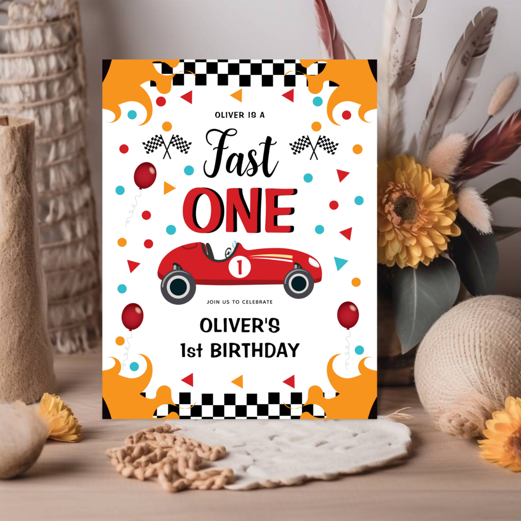 1st Birthday Boy's Fast One Racing Car Invitation Postcard