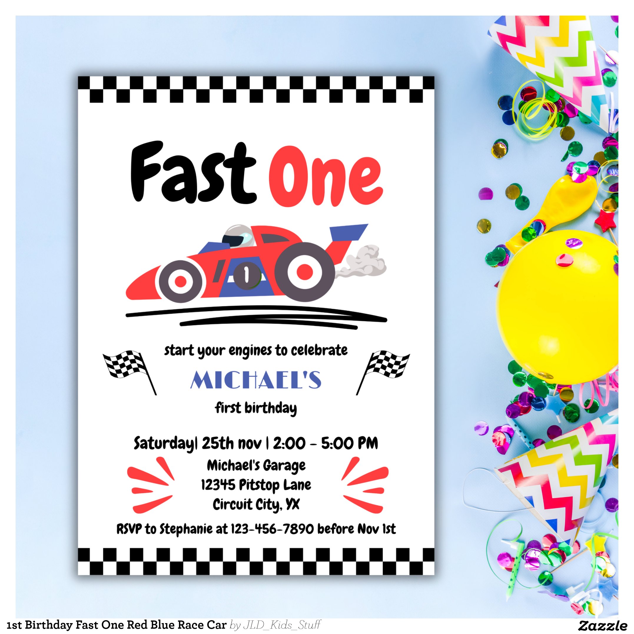 1st Birthday Fast One Red Blue Race Car Invitation