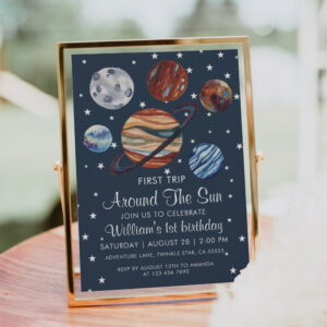 1st Trip Watercolor Outer Space 1st Birthday Boy  Invitation