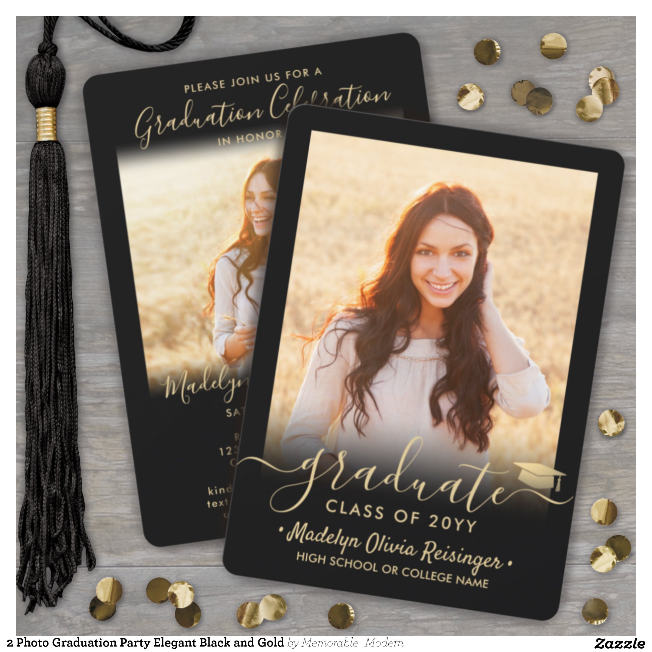 2 Photo Graduation Party Elegant Black and Gold Invitation