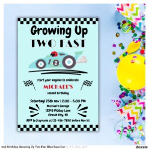 2nd Birthday Growing Up Two Fast Blue Race Car Invitation