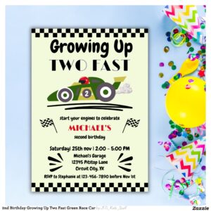 2nd Birthday Growing Up Two Fast Green Race Car Invitation
