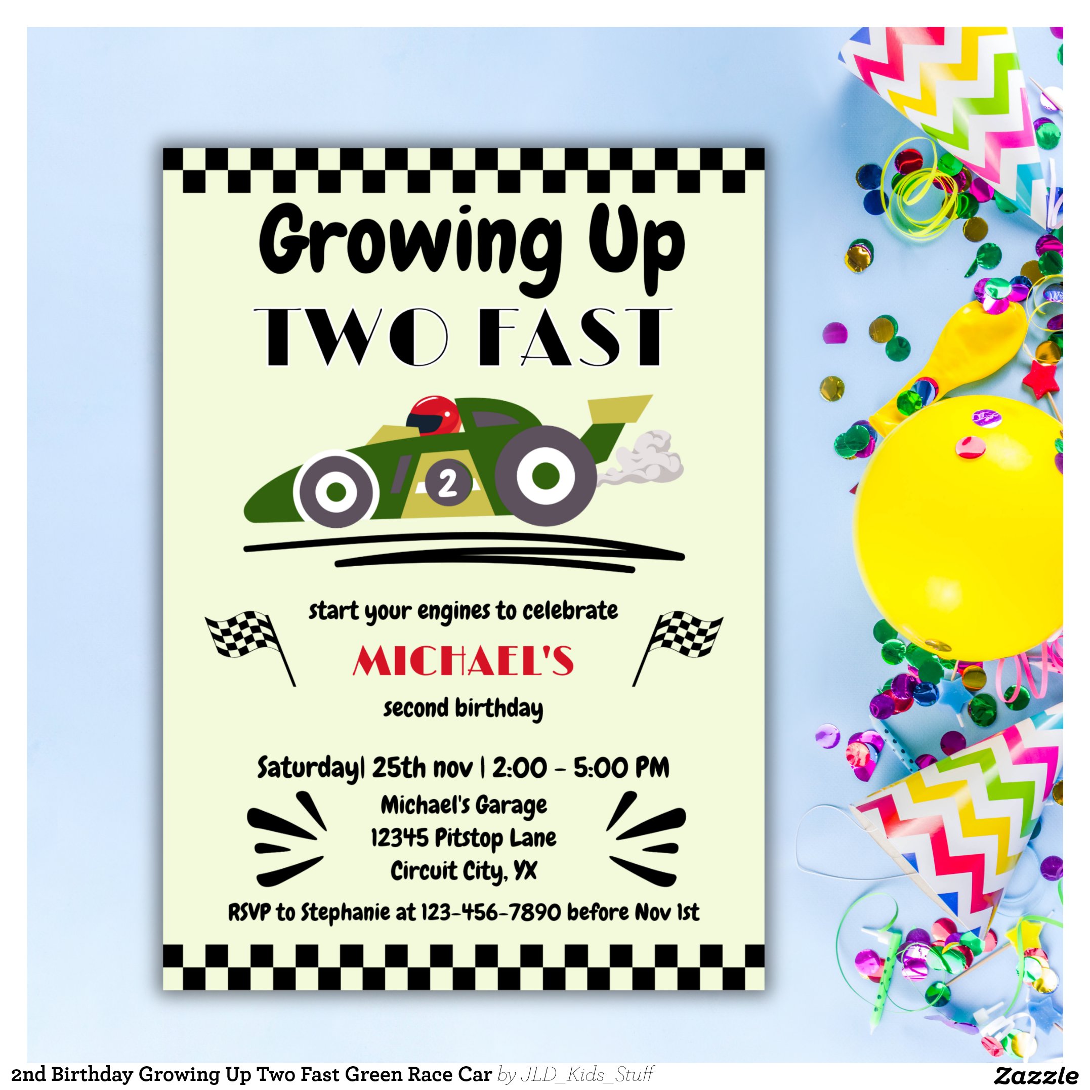 2nd Birthday Growing Up Two Fast Green Race Car Invitation