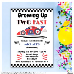 2nd Birthday Growing Up Two Fast Red Blue Race Car Invitation