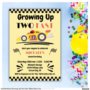 2nd Birthday Growing Up Two Fast Yellow Race Car Invitation