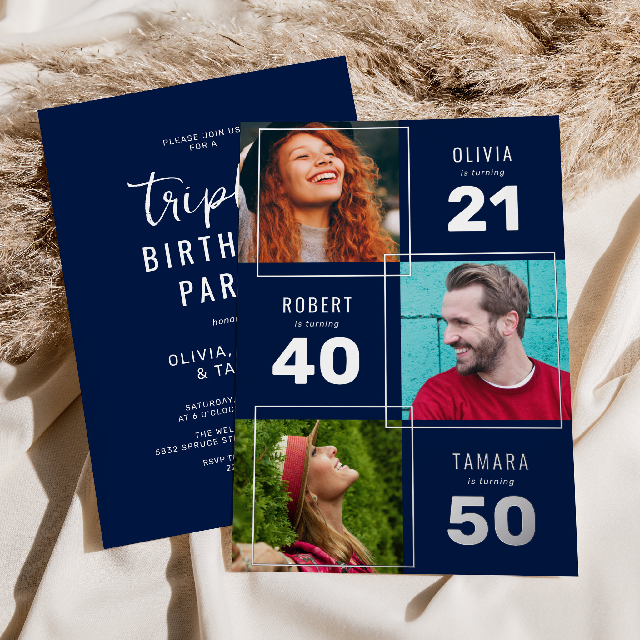 3 Photo Joint Birthday Party Blue & Silver Foil Invitation