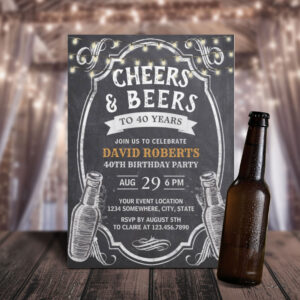 40th Birthday Cheers & Beers Rustic Chalkboard Invitation