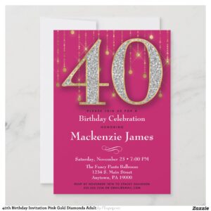40th Birthday Invitation Pink Gold Diamonds Adult