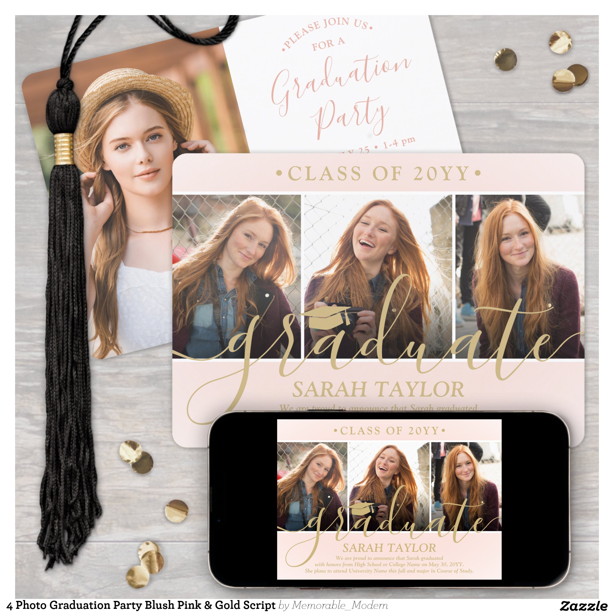 4 Photo Graduation Party Blush Pink & Gold Script Invitation