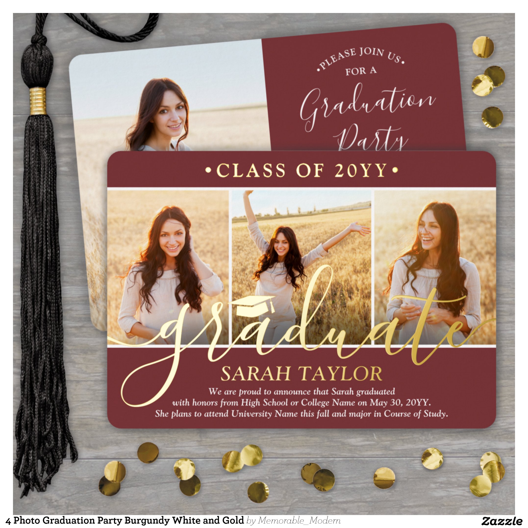 4 Photo Graduation Party Burgundy White and Gold Foil Invitation