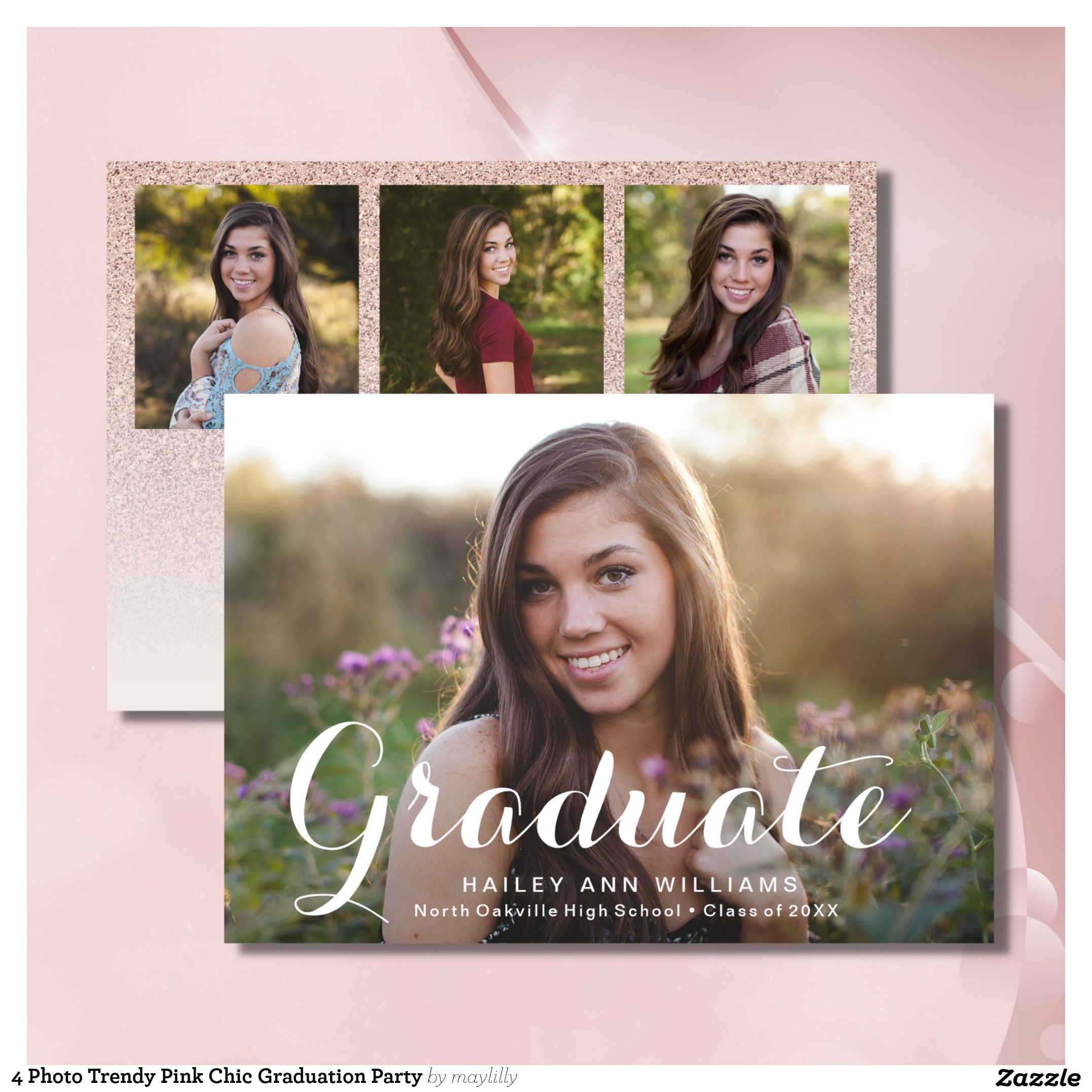 4 Photo Trendy Pink Chic Graduation Party Invitation