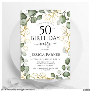 50th Birthday Party Eucalyptus Watercolor Invitation