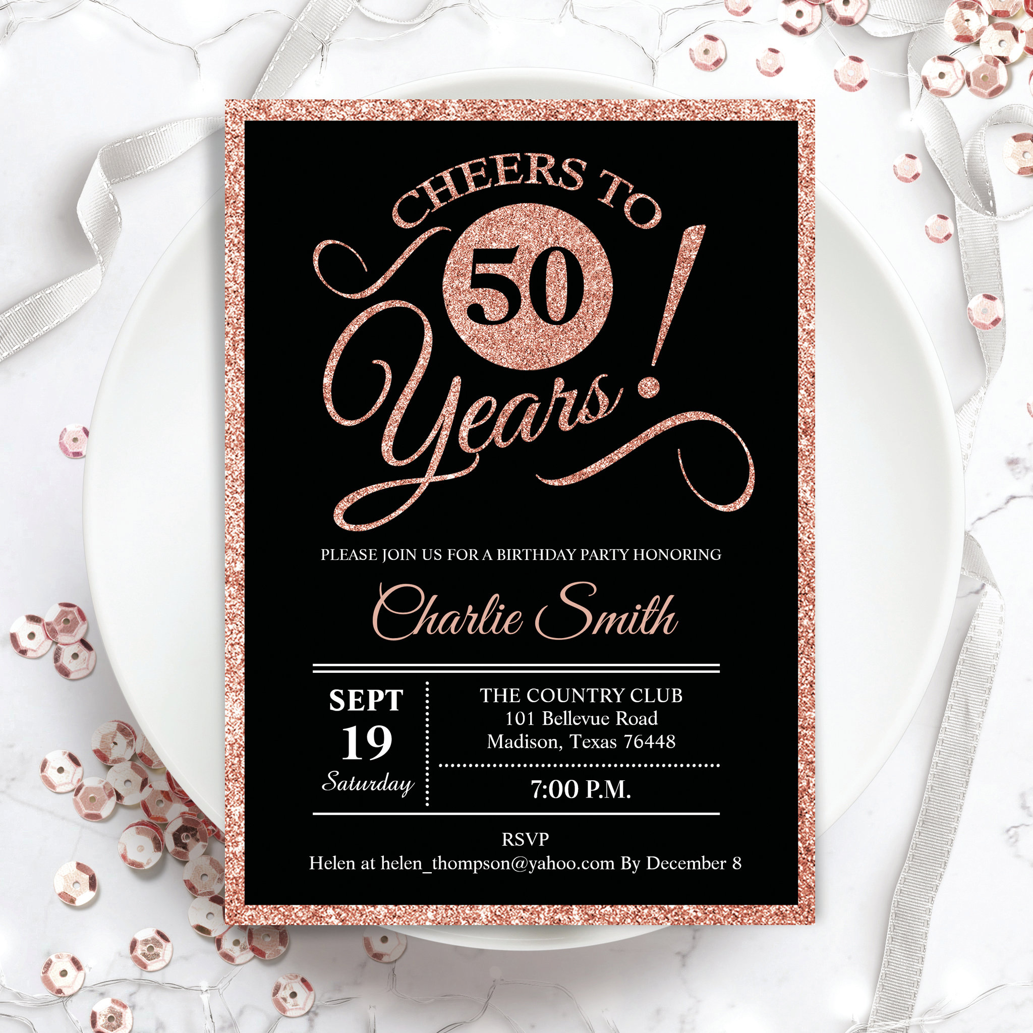 50th Birthday Party - Rose Gold Black ANY AGE Invitation