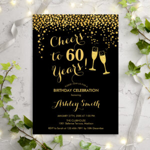 60th Birthday - Cheers To 60 Years Gold Black Invitation
