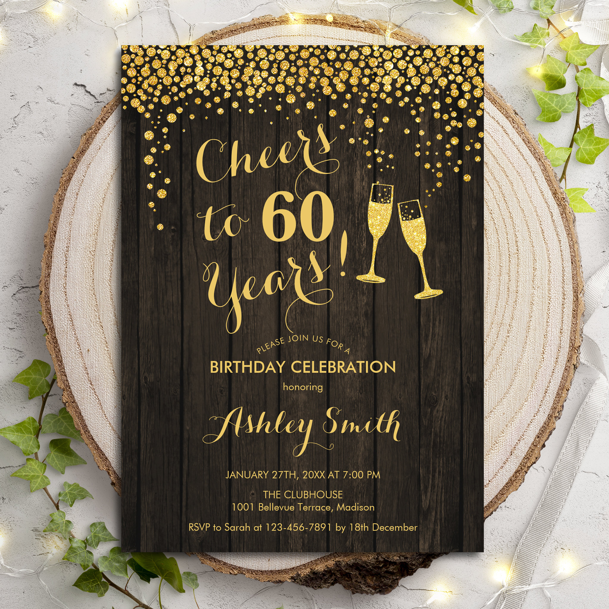 60th Birthday - Cheers To 60 Years Gold Wood Invitation