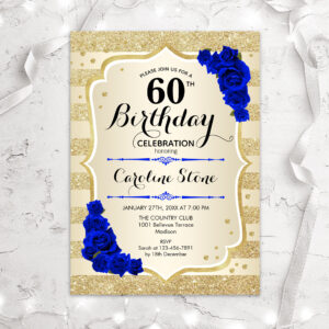 60th Birthday - Gold Stripes Royal Blue Roses Invitation
