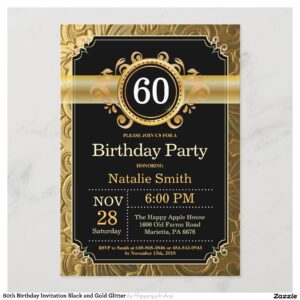 60th Birthday Invitation Black and Gold Glitter
