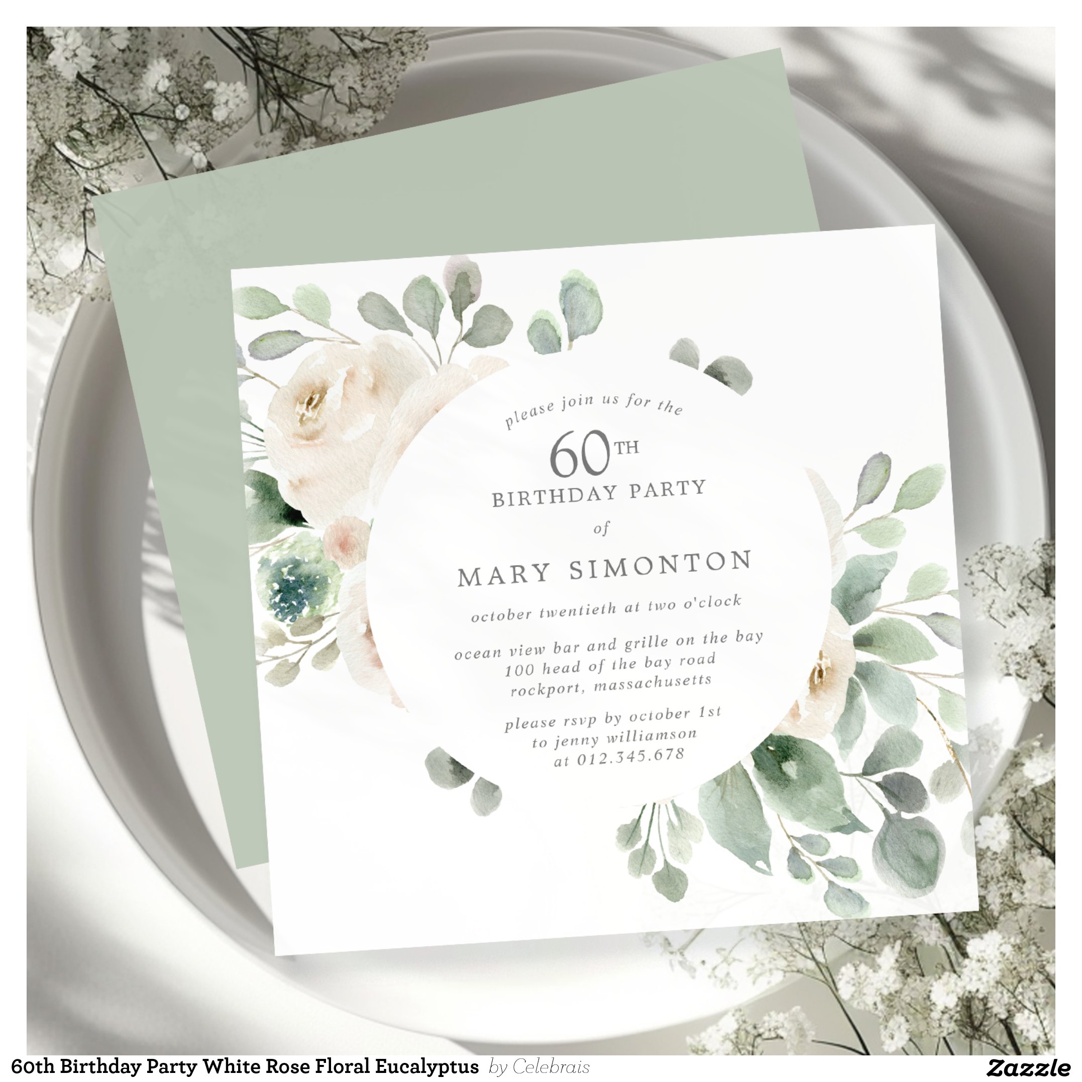 60th Birthday Party White Rose Floral Eucalyptus  Invitation