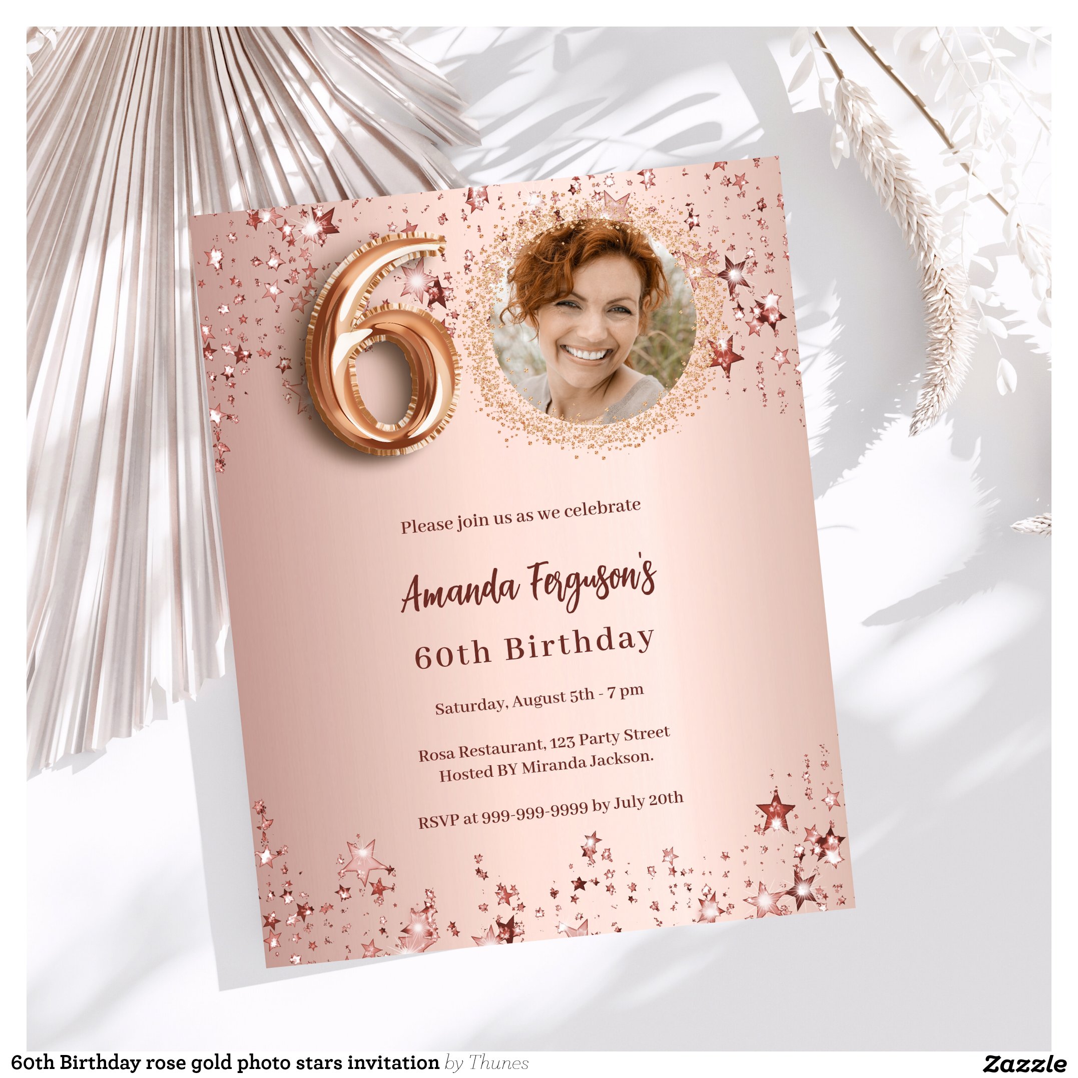 60th Birthday rose gold photo stars invitation
