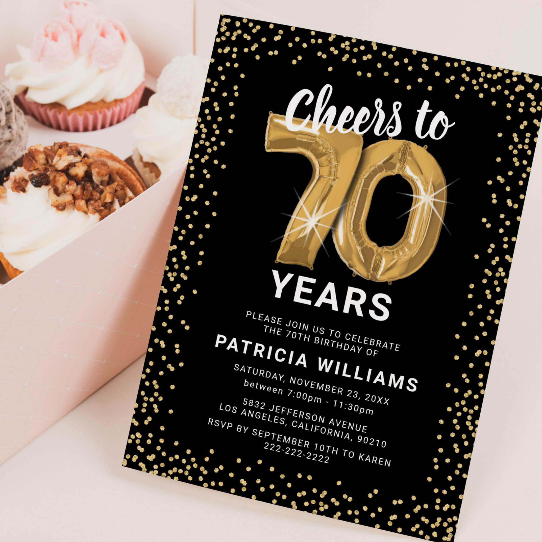 70th Birthday Black Gold Invitation