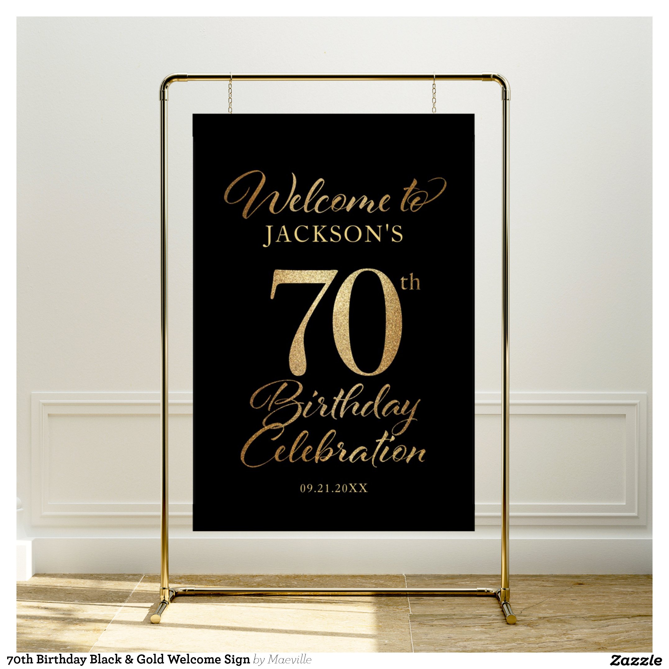 70th Birthday Black & Gold Welcome Sign