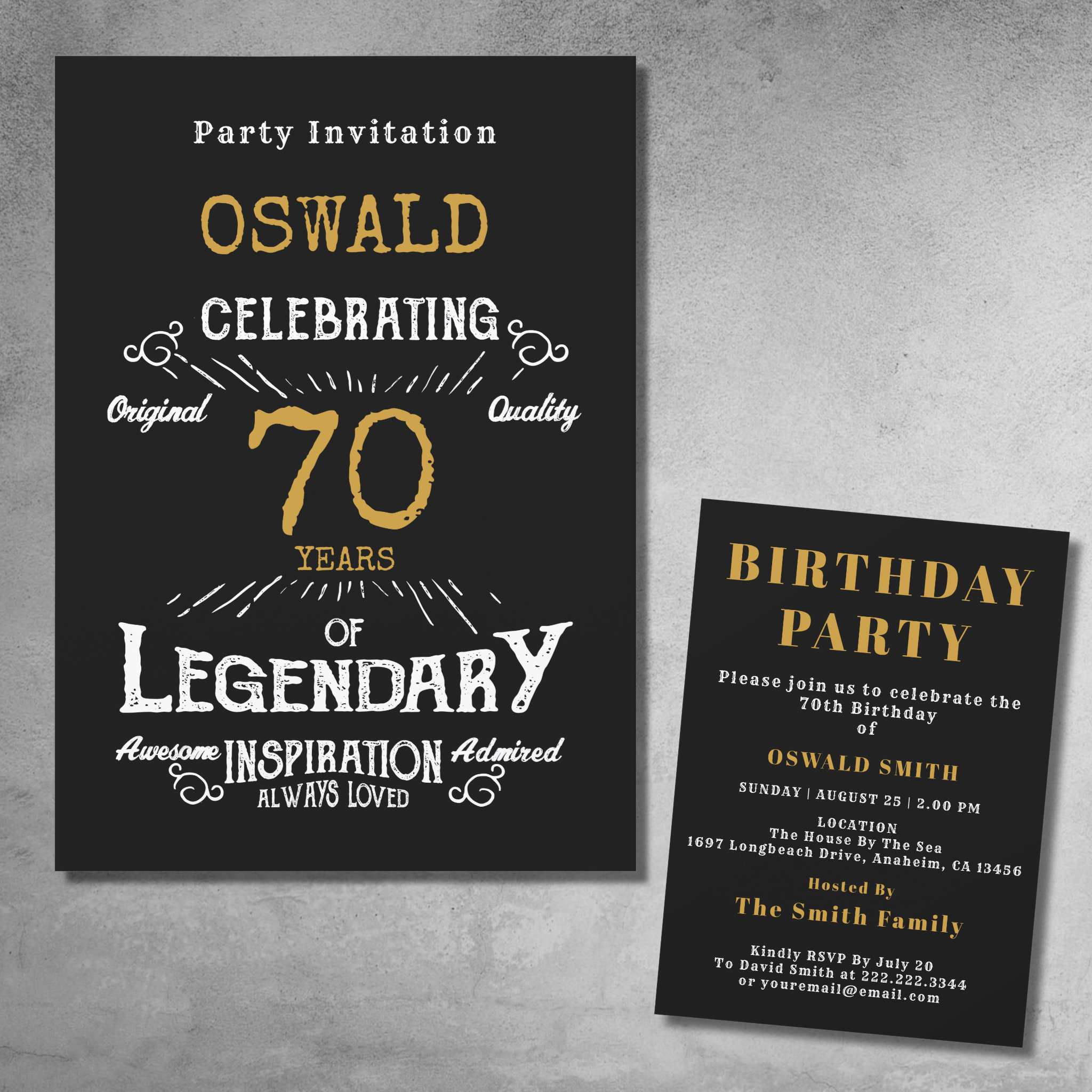 70th Birthday Born Legendary Black Gold Retro Invitation