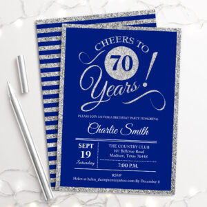70th Birthday Party - ANY AGE Silver Royal Blue Invitation