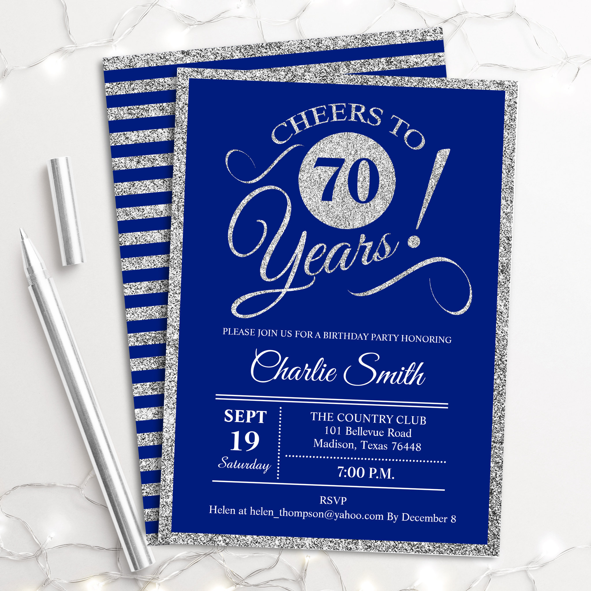 70th Birthday Party - ANY AGE Silver Royal Blue Invitation