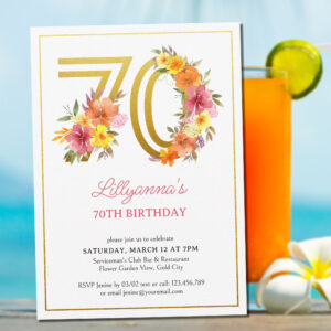 70th Birthday Party Pretty Floral Gold Number 70 Invitation