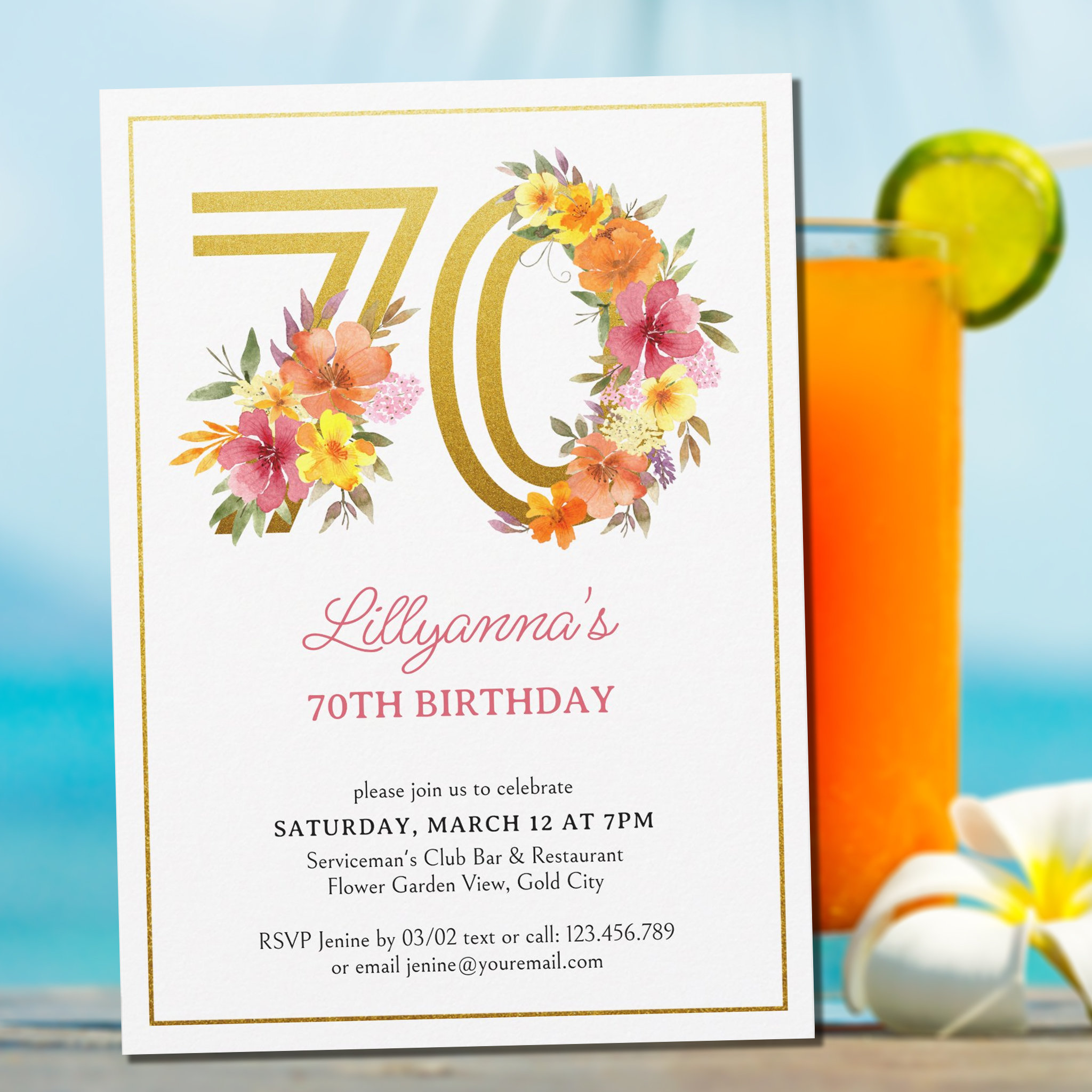 70th Birthday Party Pretty Floral Gold Number 70 Invitation
