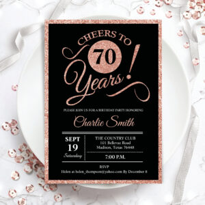 70th Birthday Party - Rose Gold Black ANY AGE Invitation