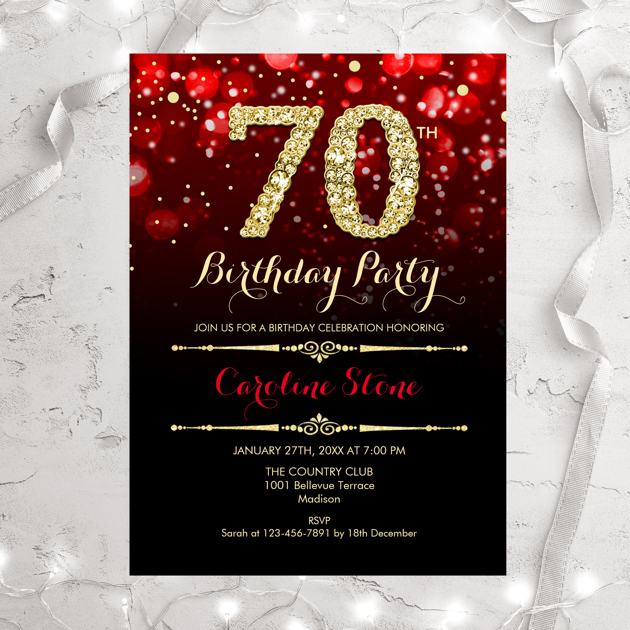 70th Birthday - Red Black Gold Invitation