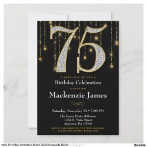 75th Birthday Invitation Black Gold Diamonds Adult
