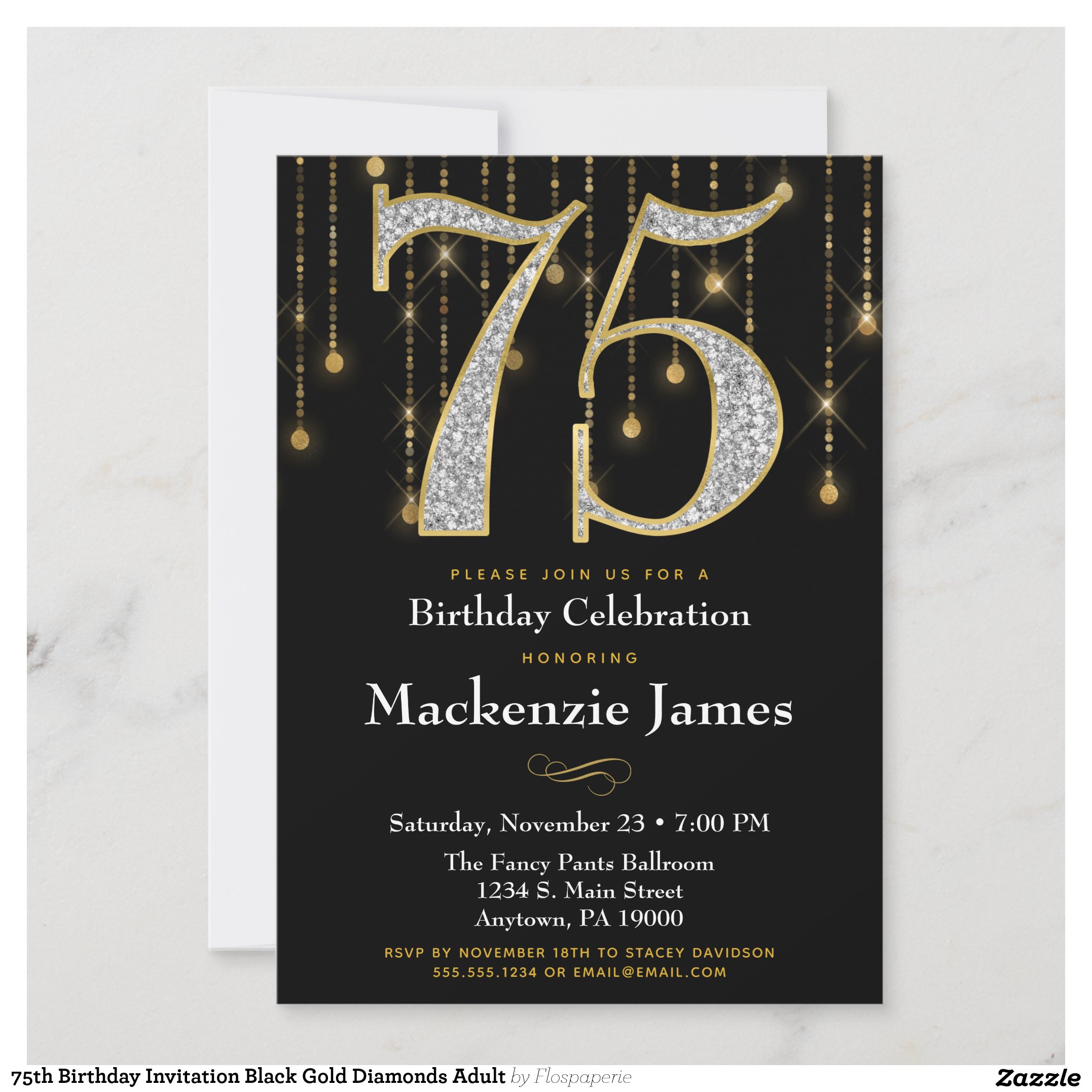 75th Birthday Invitation Black Gold Diamonds Adult