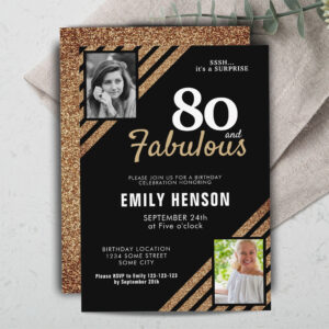 80 and Fabulous Gold Glitter 2 Photo 80th Birthday Invitation