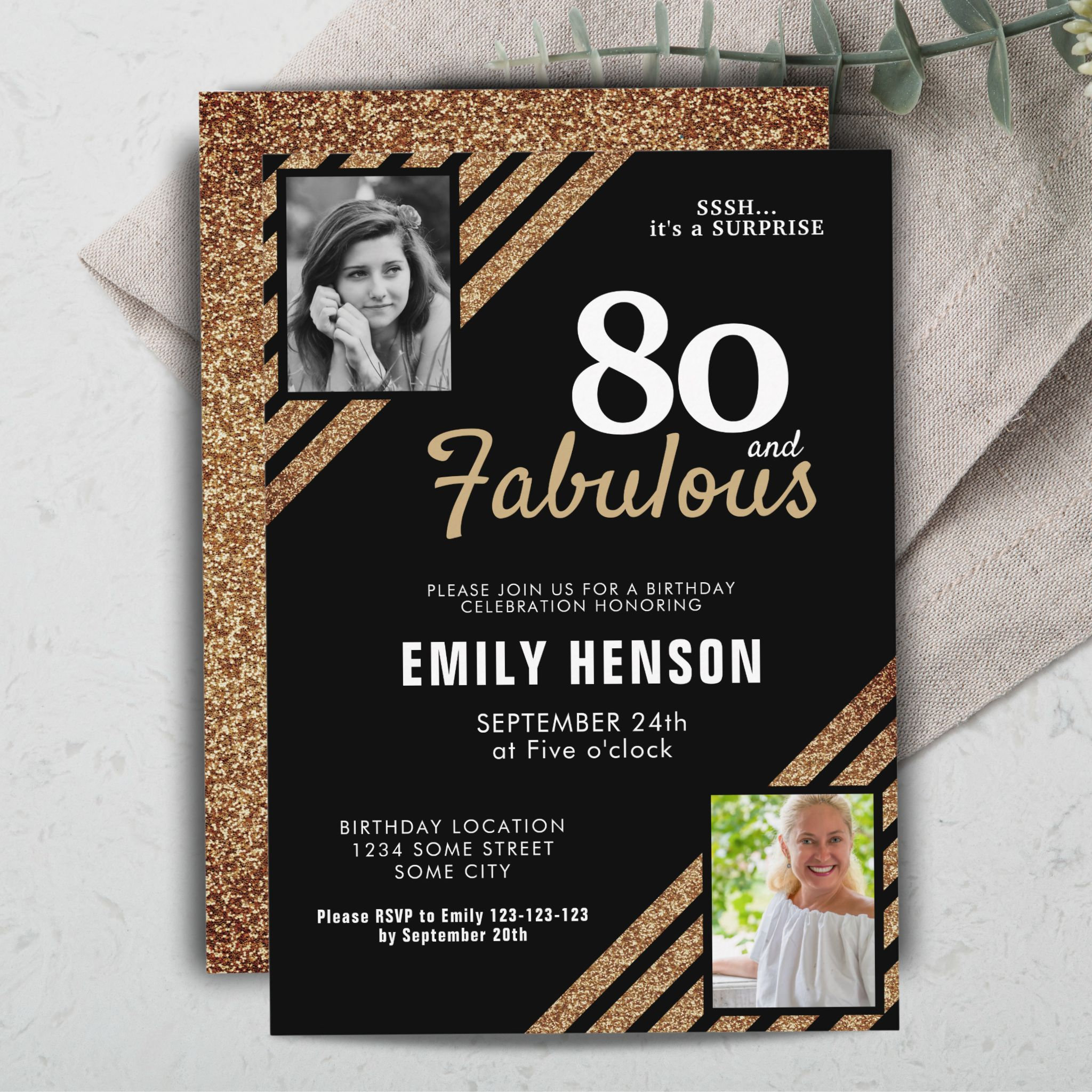 80 and Fabulous Gold Glitter 2 Photo 80th Birthday Invitation