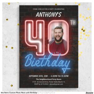 80s Retro Custom Photo Neon 40th Birthday Invitation