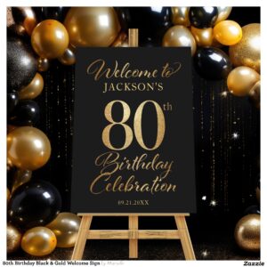 80th Birthday Black & Gold Welcome Sign