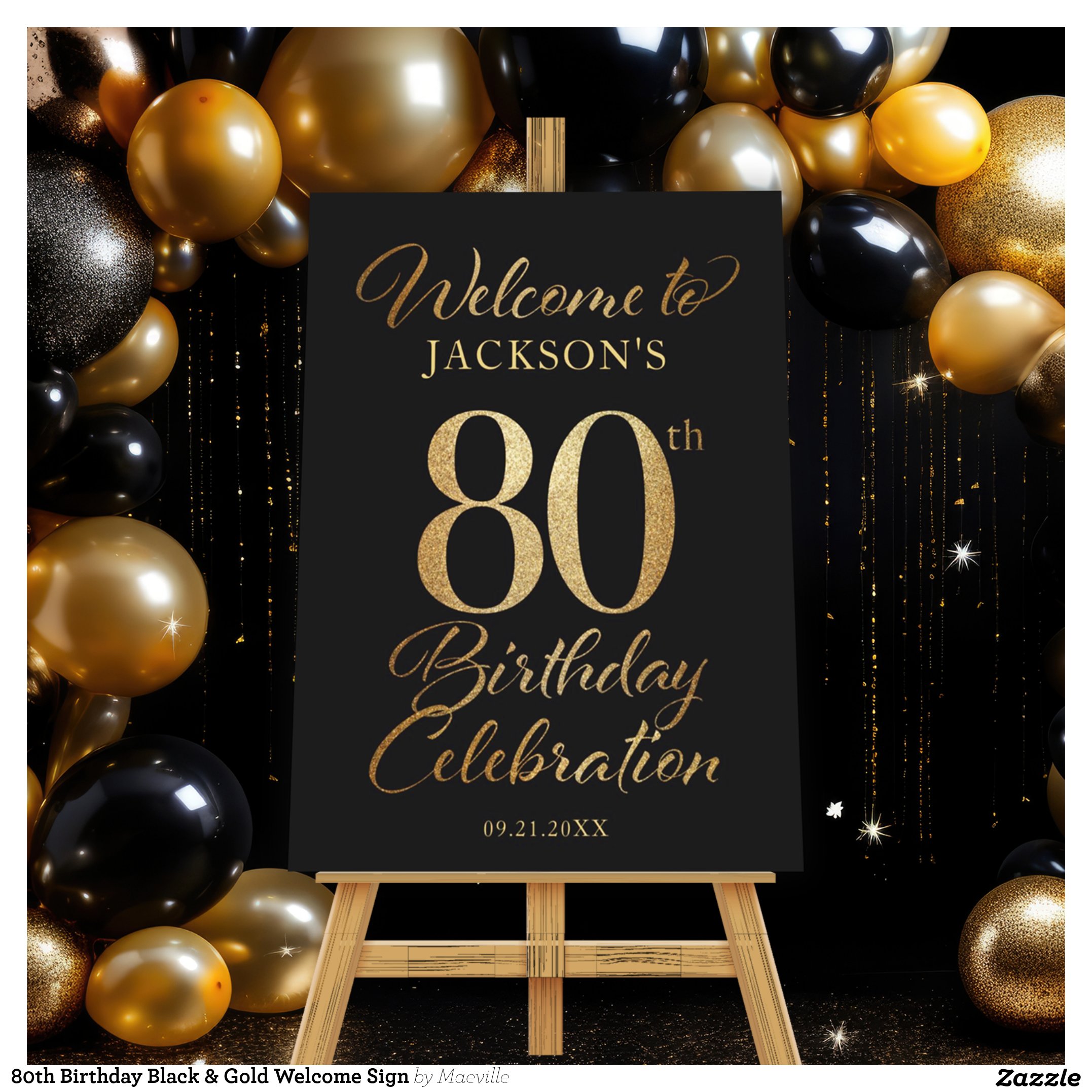 80th Birthday Black & Gold Welcome Sign