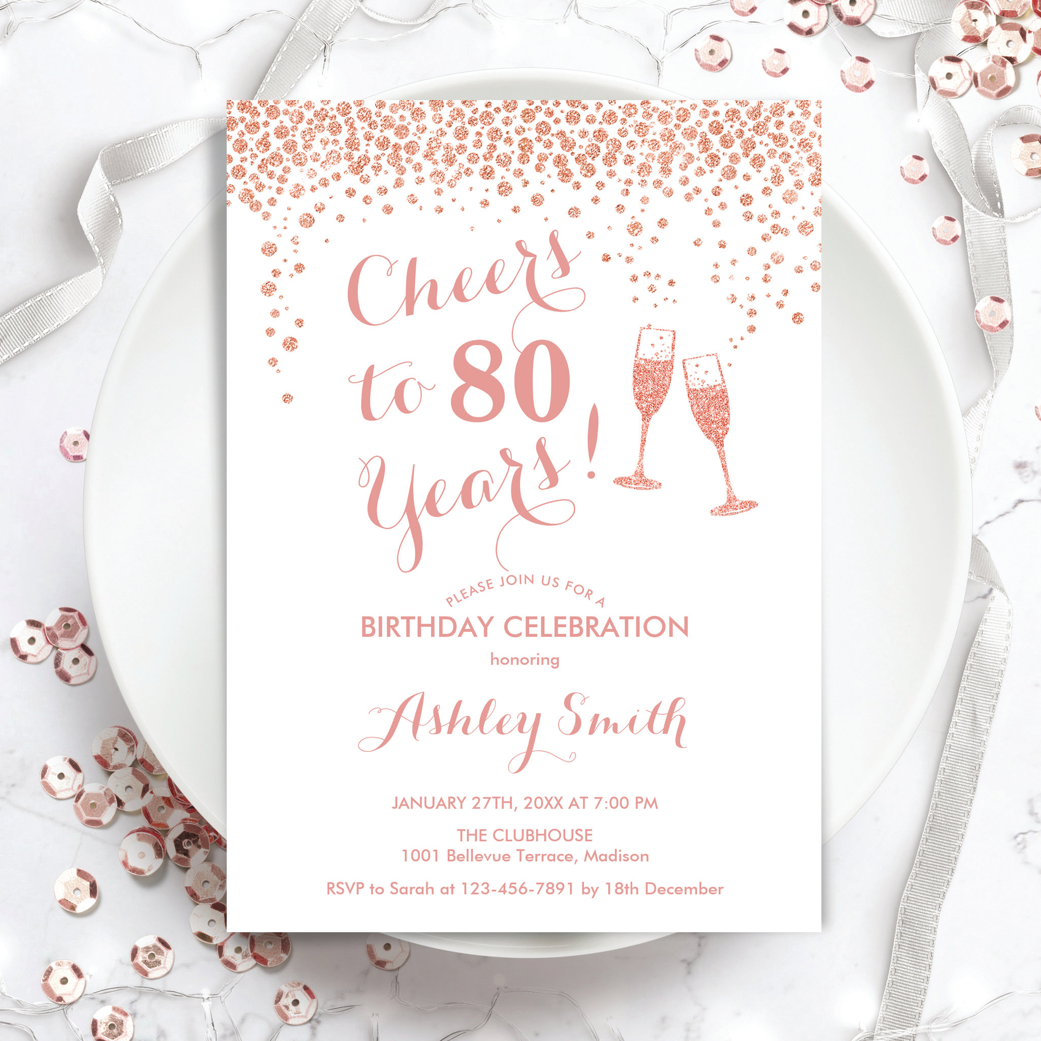 80th Birthday - Cheers To 80 Years Rose Gold White Invitation