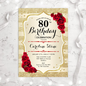 80th Birthday - Gold Stripes Roses Invitation