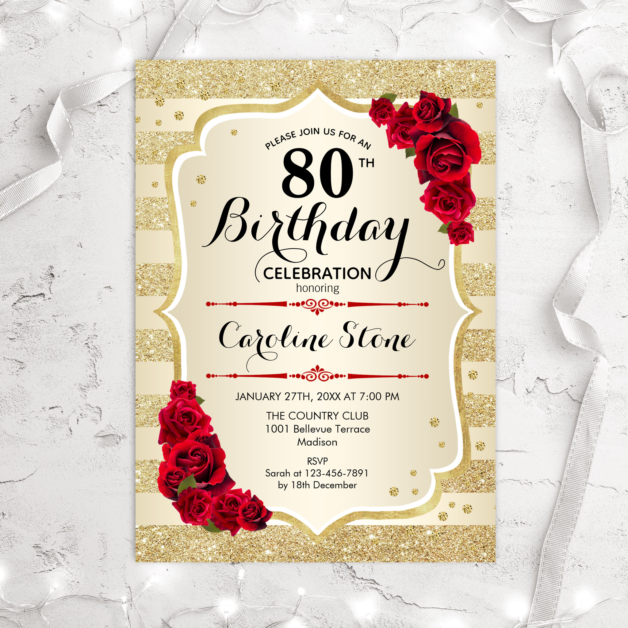 80th Birthday - Gold Stripes Roses Invitation