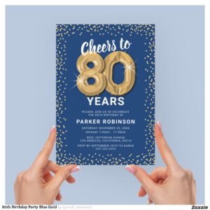 80th Birthday Party Blue Gold Invitation