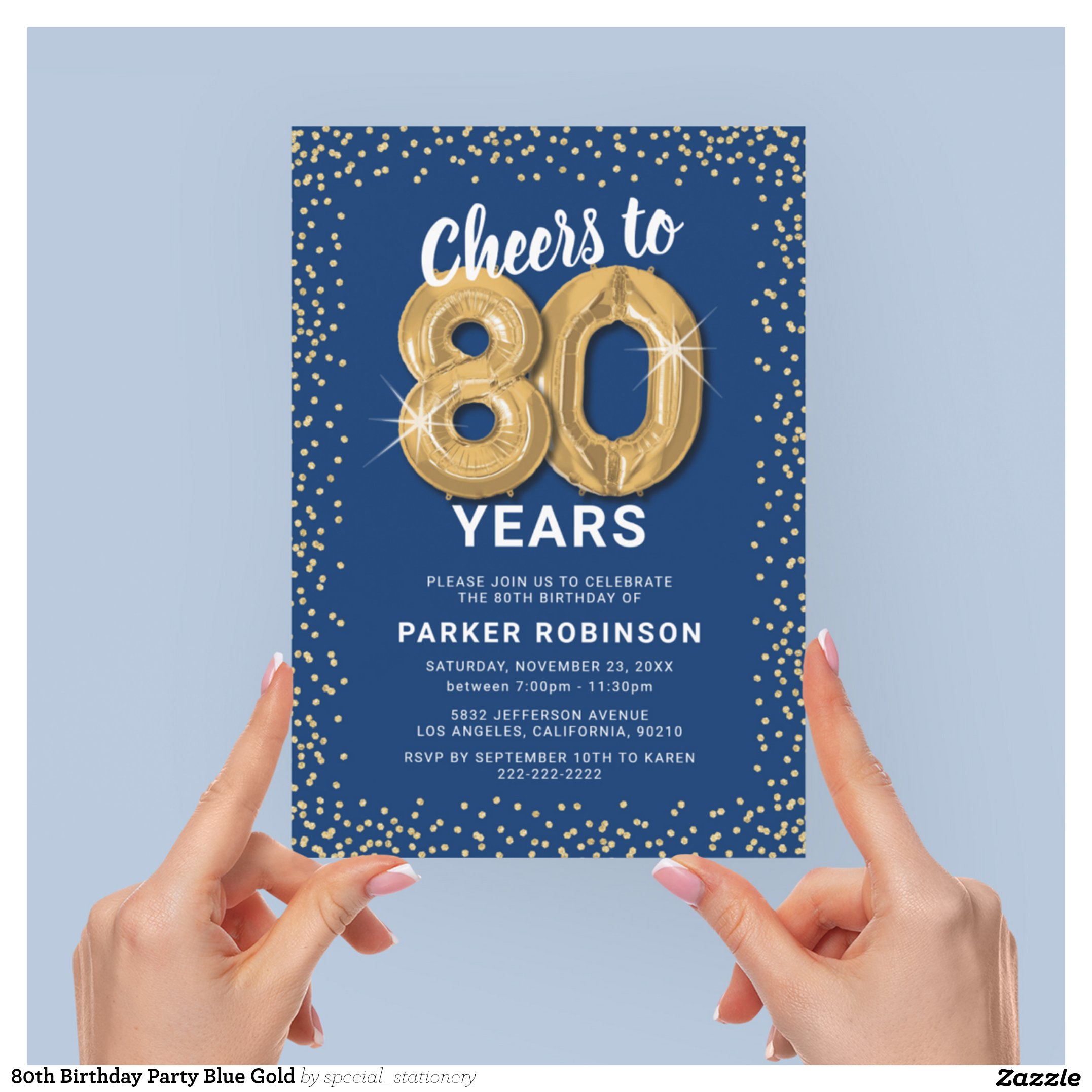 80th Birthday Party Blue Gold Invitation