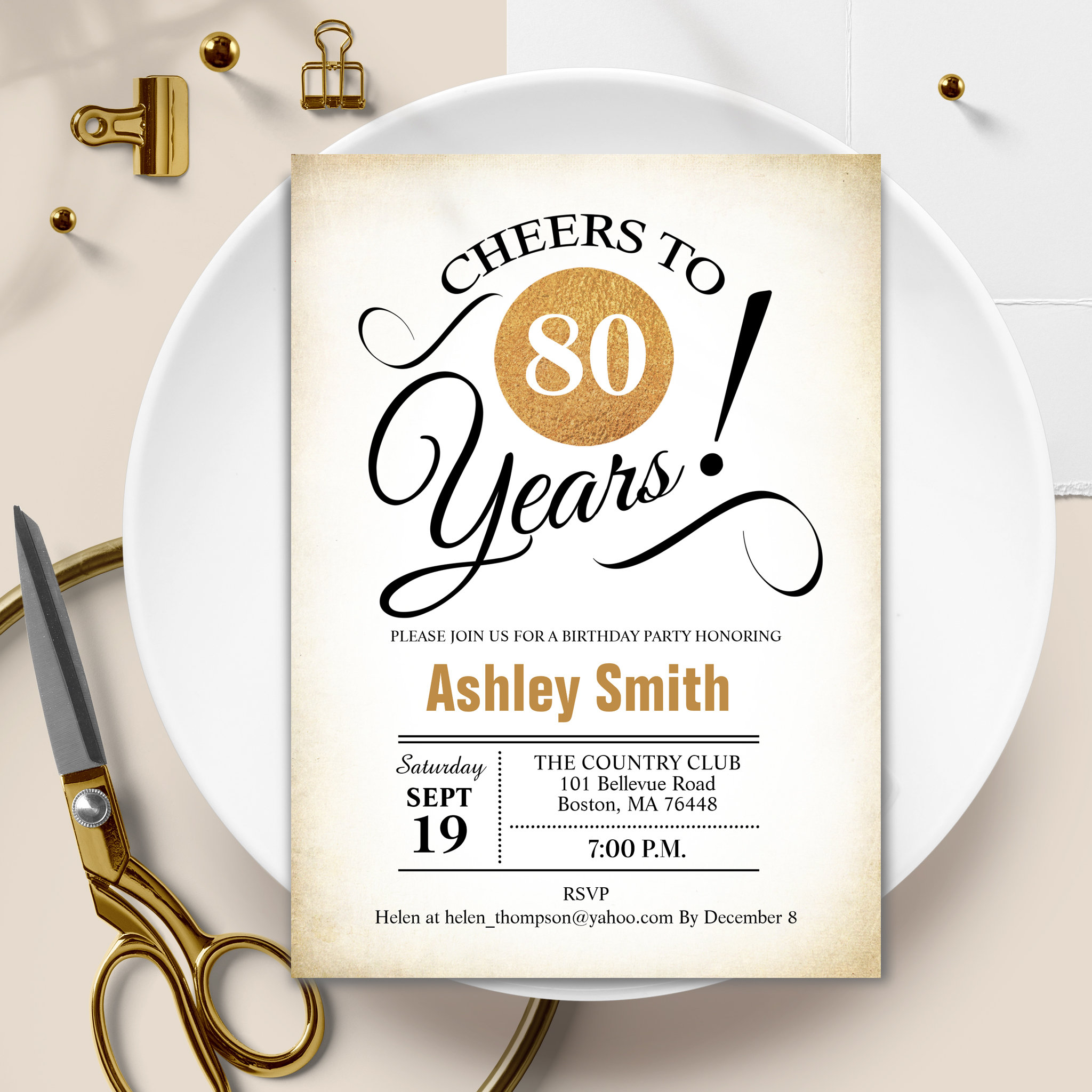 80th Birthday Party - Retro Gold Black White Invitation