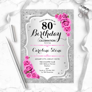 80th Birthday - Silver Stripes Pink Roses Invitation