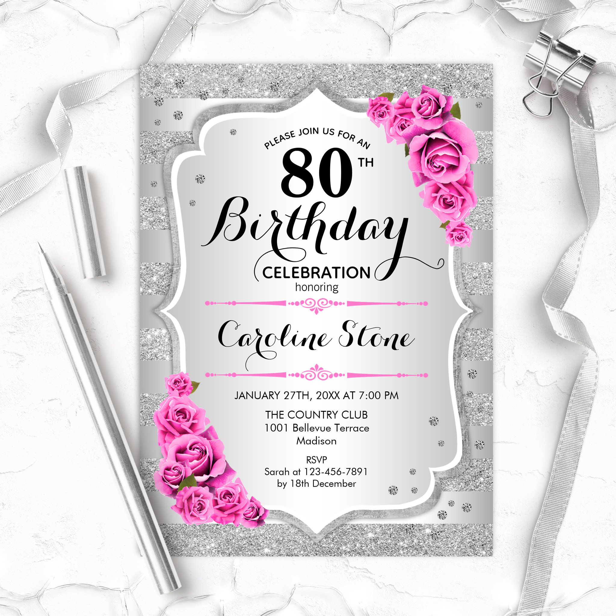 80th Birthday - Silver Stripes Pink Roses Invitation